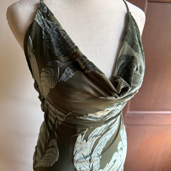 Oh POLLY Green Burnout Velvet Cowl neck Midi Dress Ekin-Su Strappy Back Size  6 - Picture 3 of 6